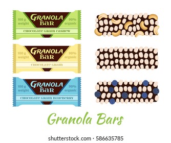Granola bars. Chocolate with grain, berries, nuts. Protein sport bars. Flat vector style.