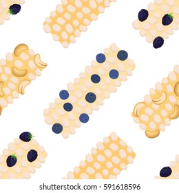 Granola bars seamless pattern. Caramel with grain, berries, nuts. Protein sport bars. Flat vector style.