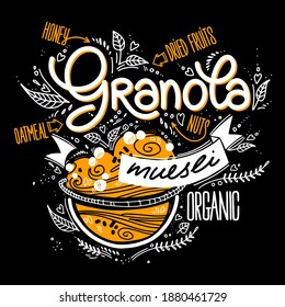 Granola in a bowl in doodle style with lettering on black background, ribbon. vector illustration with breakfast organic food. healthy food concept.