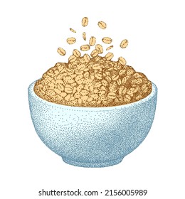 Granola bowl. Oatmeal breakfast cup, oat grain porridge. Cereal, healthy food diet, muesli flakes. Vector sketch. Realistic vintage illustration.