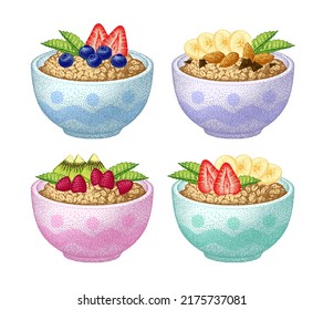 Granola in bowl set. Fruits, berry and nuts, mint. Oatmeal breakfast, oat grain porridge. Muesli flakes. Vector sketch. Realistic illustrations.