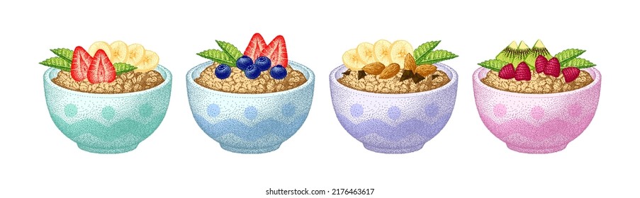 Granola in bowl set. Fruits, berry and nuts, mint. Oatmeal breakfast, oat grain porridge. Muesli flakes. Vector sketch. Realistic illustrations.