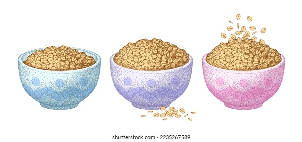 Granola in bowl set. Oatmeal healthy breakfast, oat grain porridge. Cereal food, muesli flakes. Vector sketch. Collection realistic illustrations.