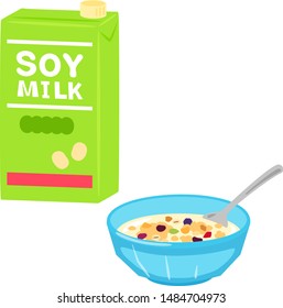 Granola in a bowl and soy milk in a pack