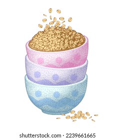 Granola in bowls. Oatmeal healthy breakfast, oat grain porridge. Cereal food, muesli flakes. Vector sketch. Realistic illustrations.