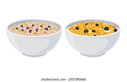Granola in bowls set. Muesli with blueberry in bowl with milk vector illustration