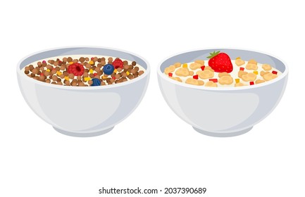 Granola In Bowls Set. Muesli With Raspberry And Blueberry In Bowl With Milk Or Yogurt Vector Illustration