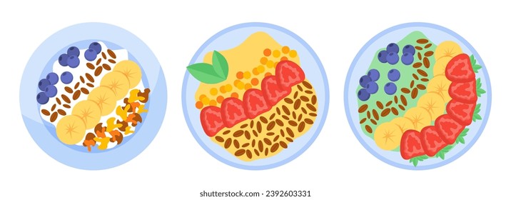 Granola bowls set. Tasty dishes. Healthy eating, proper nutrition and diet. Traditional morning breakfast. Porridge with fruits. Cartoon flat vector collection isolated on white background