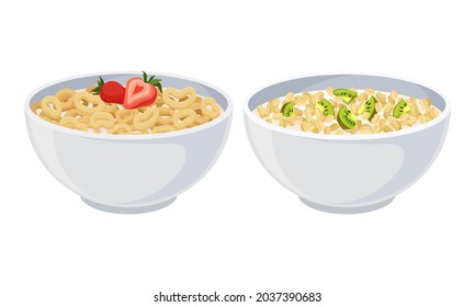 Granola in ceramic bowls set. Muesli with fruits and berries in bowl with milk vector illustration
