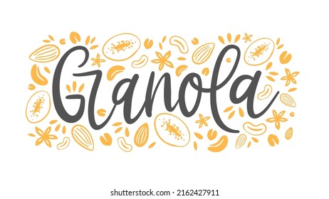 Granola cereal food label, oatmeal bread or oat grain muesli, vector. Granola or healthy breakfast of seeds, nuts and dry fruits snack package design, food label in doodle drawing