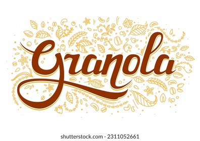 Granola cereal food label or oatmeal muesli food package, vector letters for breakfast snack. Granola background with linear wheat spikes, nuts and grain for organic healthy muesli and porridge meal