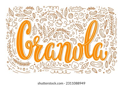 Granola. Cereal food label for organic oatmeal breakfast, muesli or nuts bar. Granola sticker with vector doodles of oats, nut grains and dry fruits, seeds, cereal spikelets, leaves, branches, hearts