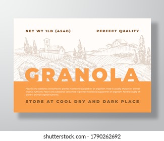 Granola Cereal Label Template. Oatmeal Abstract Vector Packaging Design Layout. Modern Typography Banner with Hand Drawn Rural Landscape Background. Isolated.