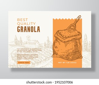 Granola Cereal Label Template. Oatmeal Abstract Vector Packaging Design Layout. Modern Typography Banner with Hand Drawn Grain Sack with Scoop and Rural Landscape Background. Isolated.