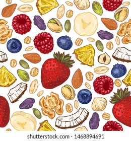 Granola colored seamless pattern. Engraved style illustration. Various berries, fruits and nuts. Vector illustration