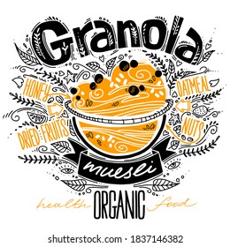 granola in doodle style with lettering on white. vector illustration with breakfast organic food muesli. healthy food concept. oatmeal porridge recipe