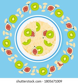 Granola, fig, kiwi in bowl on blue background. Muesli fruits healthy natural breakfast. Healthy food, oat flakes, vector cartoon illustration.