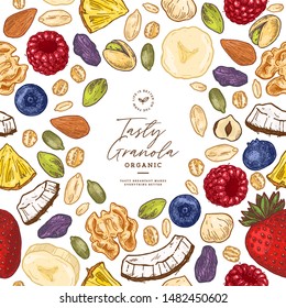 Granola frame template. Engraved style illustration. Various berries, fruits and nuts. Vector illustration