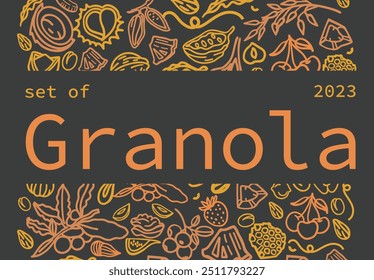 	
Granola mão desenhado vetor definido em um fundo escuro. Estalidos. Aveia com frutas, bagas, nozes, cacau, saborosos ingredientes de cereais.