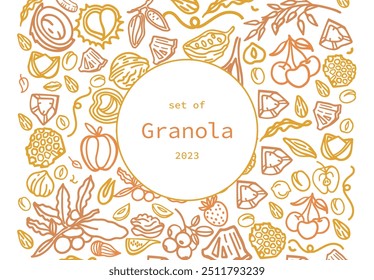 Conjunto de vetores desenhado à mão de Granola. Estalidos. Aveia com frutas, bagas, nozes, cacau, saborosos ingredientes de cereais.	