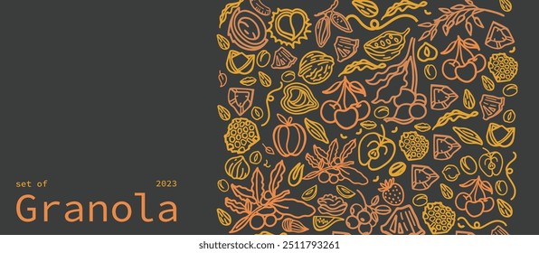 	
Granola mão desenhado vetor definido em um fundo escuro. Estalidos. Aveia com frutas, bagas, nozes, cacau, saborosos ingredientes de cereais.