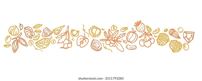 Conjunto de vetores desenhado à mão de Granola. Estalidos. Aveia com frutas, bagas, nozes, cacau, saborosos ingredientes de cereais.	