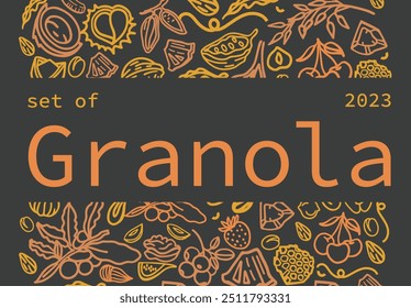	
Granola mão desenhado vetor definido em um fundo escuro. Estalidos. Aveia com frutas, bagas, nozes, cacau, saborosos ingredientes de cereais.