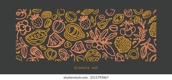 	
Granola mão desenhado vetor definido em um fundo escuro. Estalidos. Aveia com frutas, bagas, nozes, cacau, saborosos ingredientes de cereais.