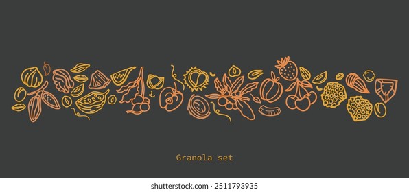 	
Granola hand drawn vector set on a dark background. Crunches. Oats with fruits, berries, nuts, cocoa, tasty cereal ingredients.