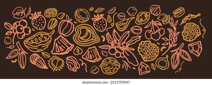 	
Granola mão desenhado vetor definido em um fundo escuro. Estalidos. Aveia com frutas, bagas, nozes, cacau, saborosos ingredientes de cereais.