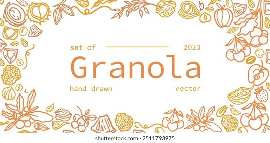 Granola hand drawn vector set. Crunches. Oats with fruits, berries, nuts, cocoa, tasty cereal ingredients.	