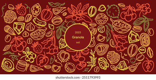 Granola hand drawn vector set. Crunches. Oats with fruits, berries, nuts, cocoa, tasty cereal ingredients.	