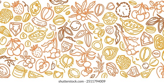 Granola hand drawn vector set. Crunches. Oats with fruits, berries, nuts, cocoa, tasty cereal ingredients.	