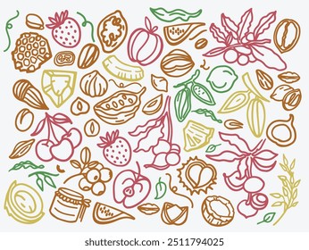 Conjunto de vetores desenhado à mão de Granola. Estalidos. Aveia com frutas, bagas, nozes, cacau, saborosos ingredientes de cereais.	