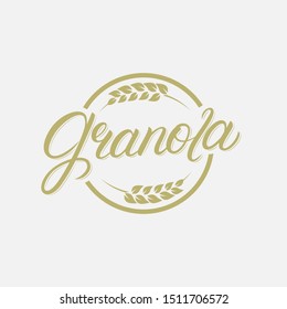 Granola hand written lettering logo, label, badge, sign, emblem template design with ears. Template for healthy eating, breakfast, natural food shop, sticker. Vintage retro style. Vector illustration