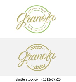 Granola hand written lettering logo, label, badge, sign, emblem set. Templates for healthy eating, breakfast, natural food shop, sticker. Vintage retro style. Vector illustration
