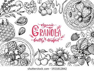 Granola illustration. Oat flakes , berries, fruits and nuts hand drawn sketch. Breakfast top view frame. Morning food menu design. Hand drawn vector illustration.