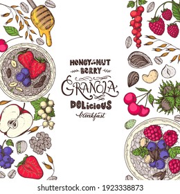 Granola illustration. Oat flakes , berries, fruits and nuts. Breakfast top view frame. Morning food menu design. Hand drawn vector illustration.