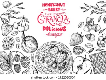 Granola ingredients illustration. Oat flakes , berries, fruits and nuts hand drawn sketch. Breakfast top view frame. Morning food menu design. Hand drawn vector illustration.