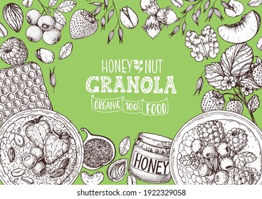 Granola ingredients illustration. Oat flakes , berries, fruits and nuts hand drawn sketch. Breakfast top view frame. Morning food menu design. Hand drawn vector illustration.