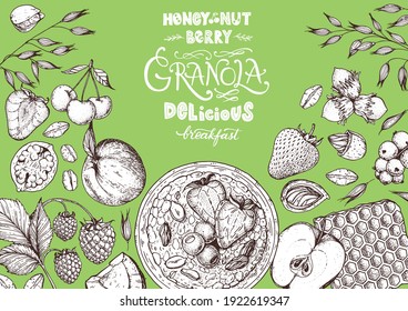 Granola ingredients illustration. Oat flakes , berries, fruits and nuts hand drawn sketch. Breakfast top view frame. Morning food menu design. Hand drawn vector illustration.