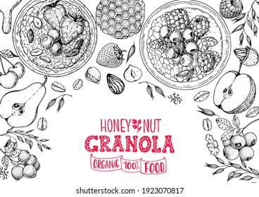 Granola ingredients illustration. Oat flakes , berries, fruits and nuts hand drawn sketch. Breakfast top view frame. Morning food menu design. Hand drawn vector illustration.