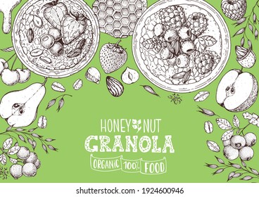 Granola ingredients illustration. Oat flakes , berries, fruits and nuts hand drawn sketch. Breakfast top view frame. Morning food menu design. Hand drawn vector illustration.