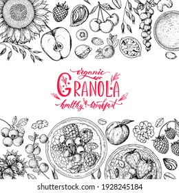 Granola ingredients illustration. Oat flakes , berries, fruits and nuts hand drawn sketch. Breakfast top view frame. Morning food menu design. Hand drawn vector illustration.