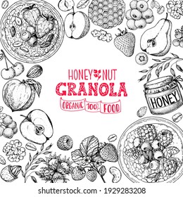 Granola ingredients illustration. Oat flakes , berries, fruits and nuts hand drawn sketch. Breakfast top view frame. Morning food menu design. Hand drawn vector illustration.