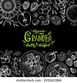Granola ingredients illustration. Oat flakes , berries, fruits and nuts hand drawn sketch. Breakfast top view frame. Morning food menu design. Hand drawn vector illustration.