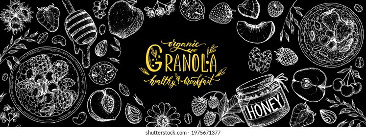 Granola ingredients illustration. Oat flakes , berries, fruits and nuts hand drawn sketch. Granola Breakfast top view frame. Muesli food menu design. Hand drawn vector illustration. Granola design