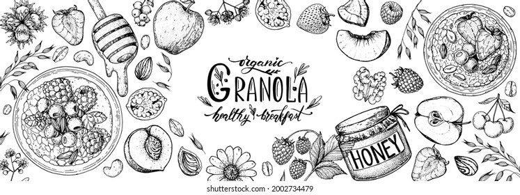 Granola ingredients illustration. Oat flakes , berries, fruits and nuts hand drawn sketch. Granola Breakfast top view frame. Muesli food menu design. Hand drawn vector illustration. Granola design