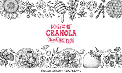 Granola ingredients illustration. Oat flakes , berries, fruits and nuts hand drawn sketch. Breakfast top view frame. Morning food menu design. Hand drawn vector illustration