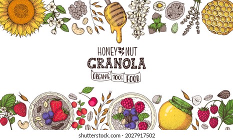 Granola ingredients illustration. Oat flakes , berries, fruits and nuts hand drawn sketch. Breakfast top view frame. Morning food menu design. Hand drawn vector illustration